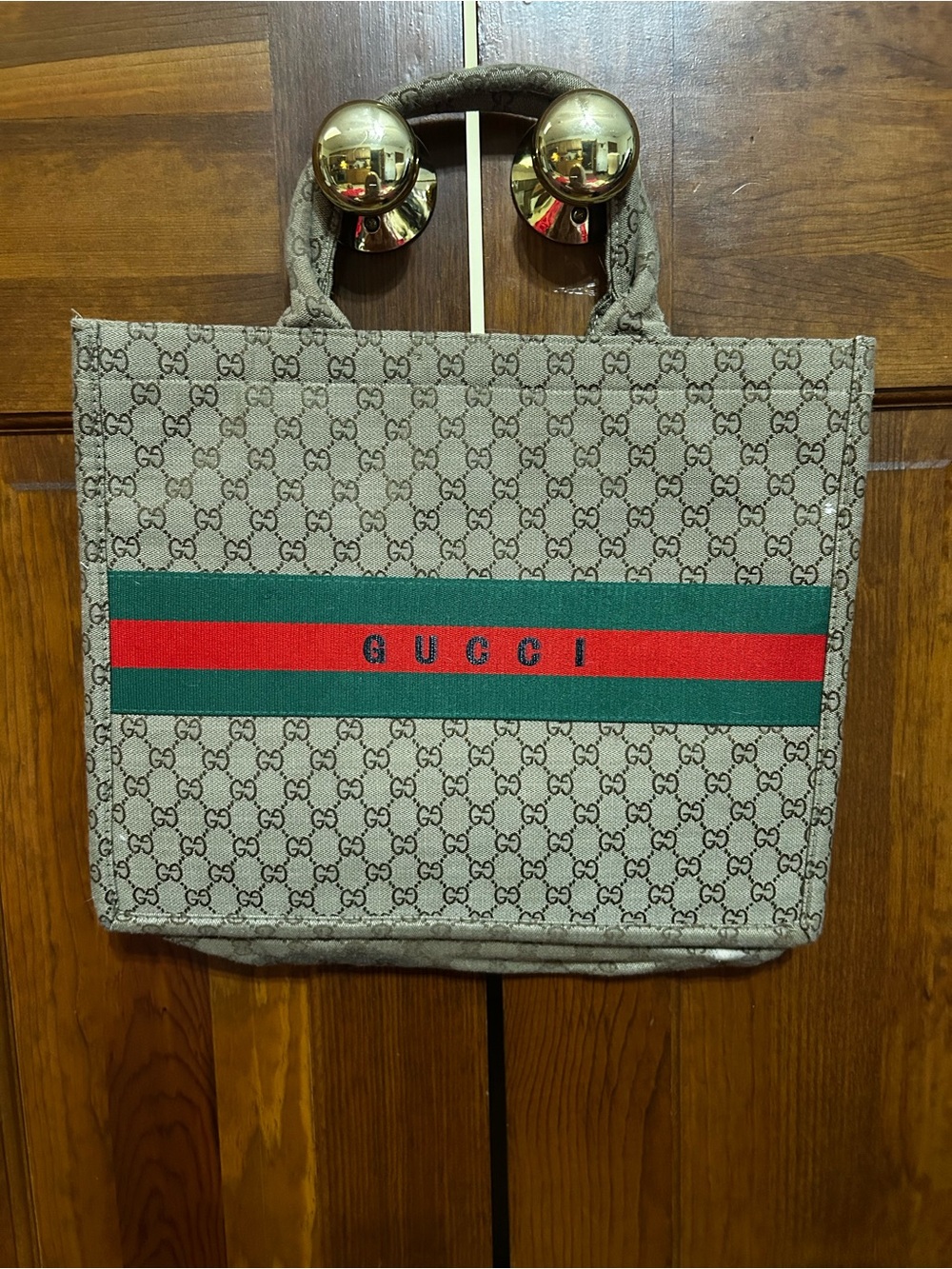Gucci Beige Monogram Tote with Green and Red Stripe
